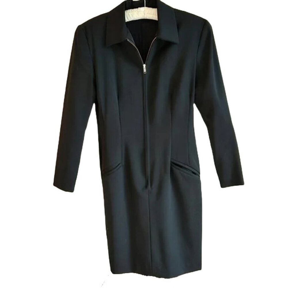 Vintage Black Paul Alexander Long Sleeve Collared Knee Length Shift Zip Dress